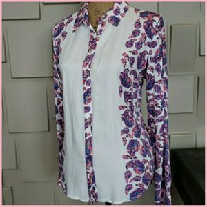 Ronson shirt top white pink purple floral long sleeve button front Size Medium